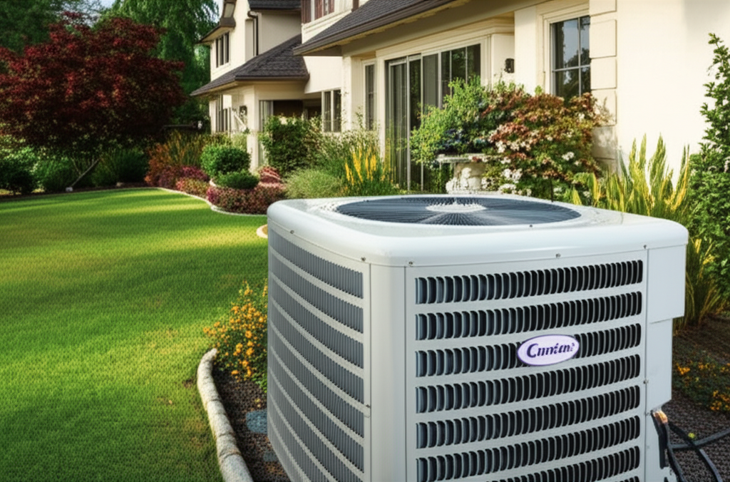 Central air conditioning condenser unit outside luxury home