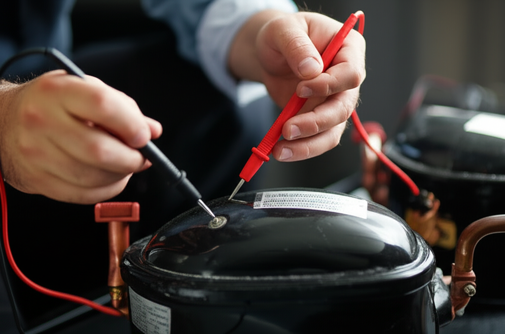 Technician performing diagnostic testing on appliance