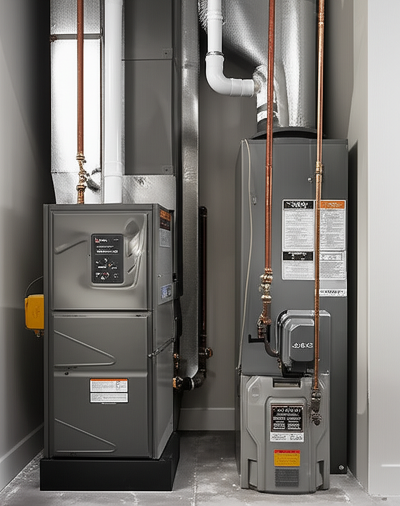 High-efficiency gas furnace in residential utility room