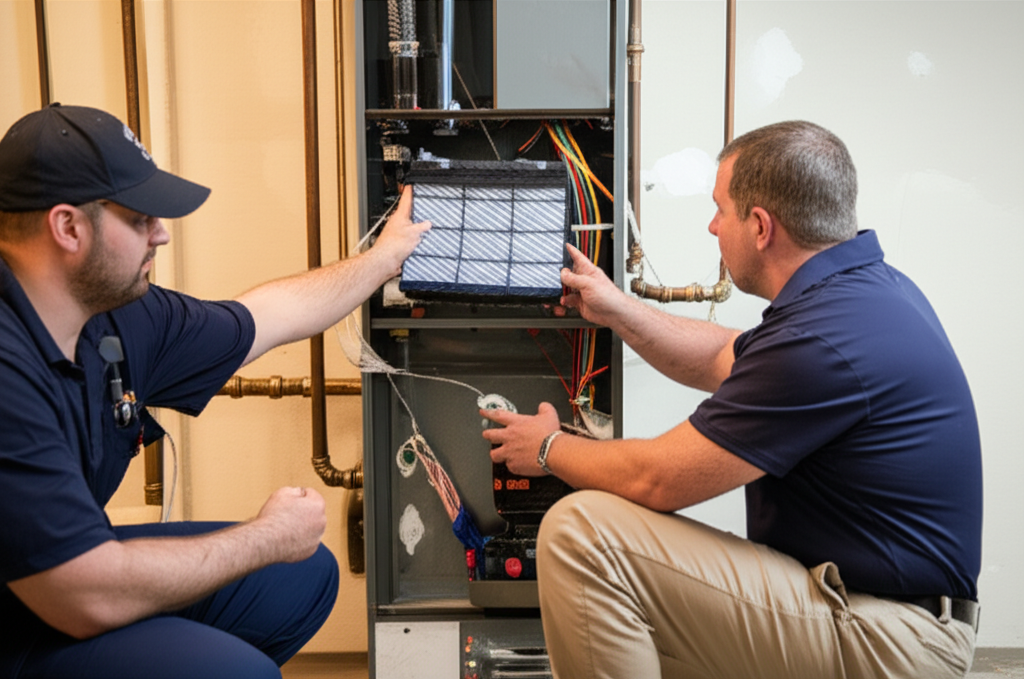 HVAC technician performing maintenance on furnace