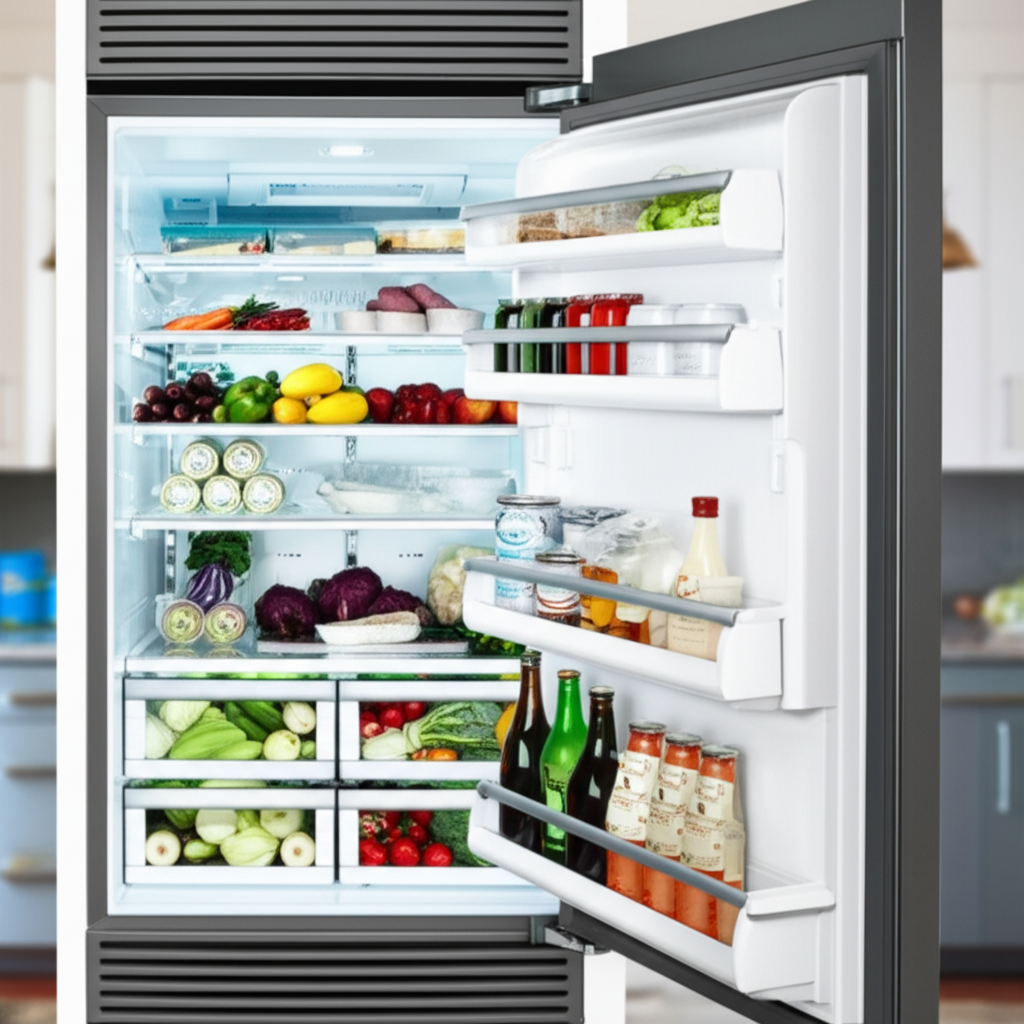 Sub-Zero refrigerator with door open showing fresh food storage