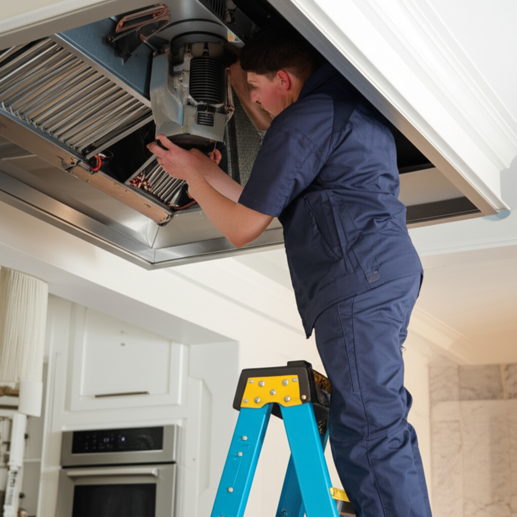 Technician servicing range hood ventilation system
